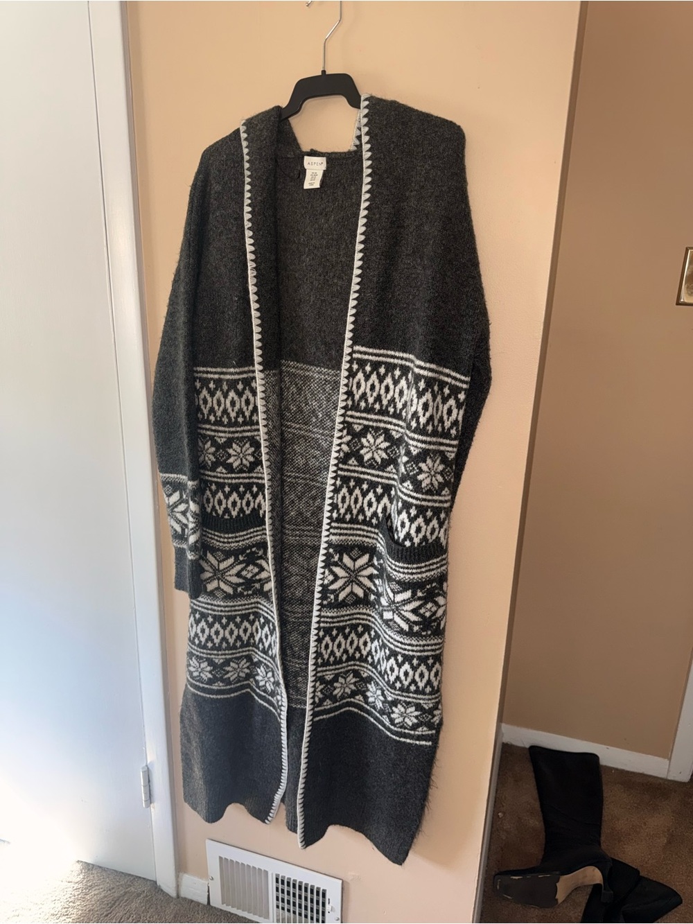 Gray & White Long Open Cardigan Sweater